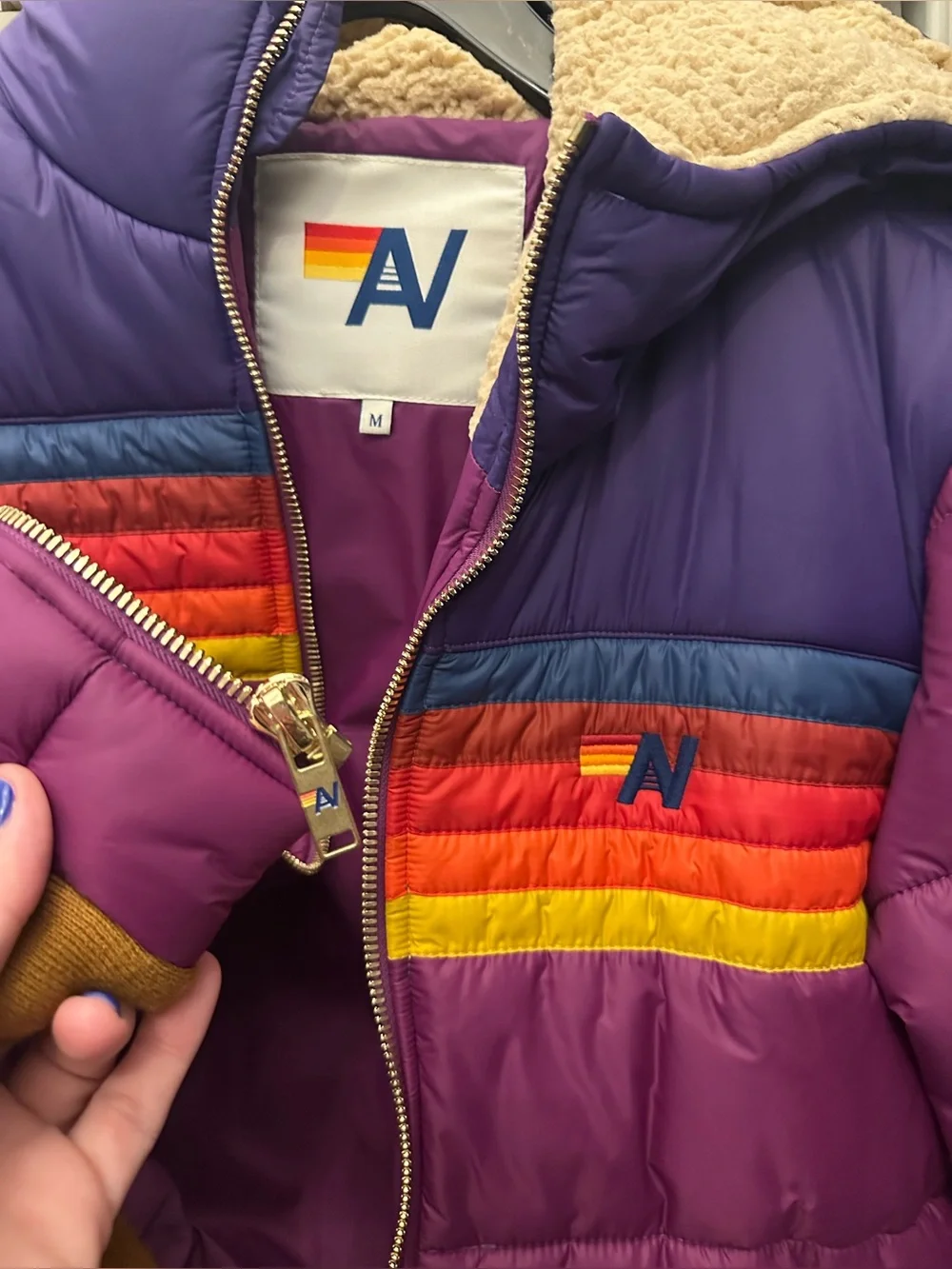 Aviator nation puffer bomber zip up jacket Sherpa hood purple stripes medium